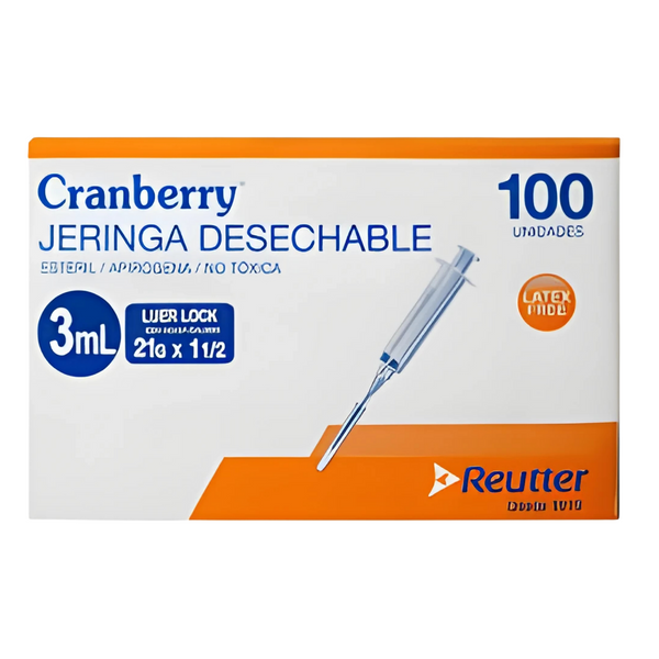 Jeringa 3ml Luer Lock con Aguja 21G x 1 1/2 Cranberry Desechable Estéril Caja 100 Unidades