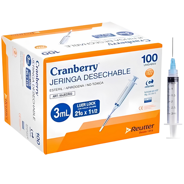Jeringa 3ml Luer Lock con Aguja 21G x 1 1/2 Cranberry Desechable Estéril Caja 100 Unidades