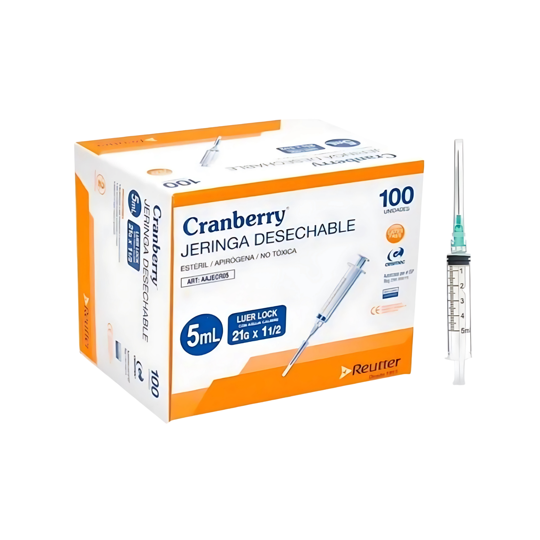 Jeringa 5ml Luer Lock con Aguja 21G x 1 1/2 Cranberry Desechable Estéril Caja 100 Unidades