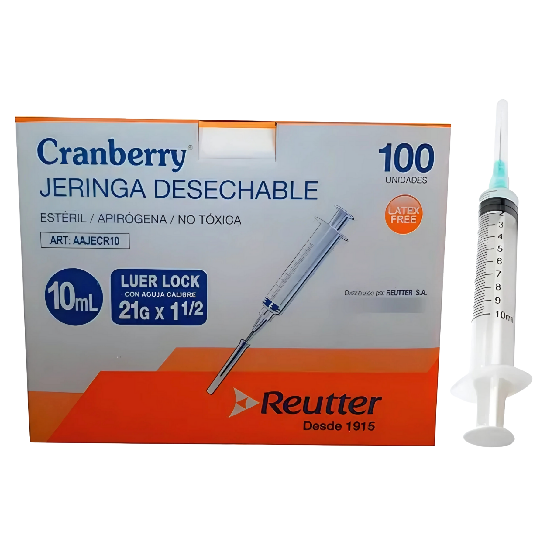 Jeringa Desechable Luer Lock 10ml Cranberry Aguja 21G x 1 1/2 Caja 100 Unidades Uso Médico