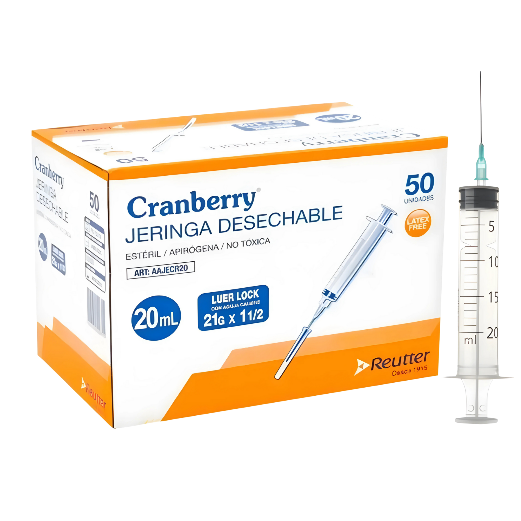 Jeringa Desechable Luer Lock 20 ml Cranberry Aguja 21G x 1 1/2 Caja 50 Unidades Uso Médico
