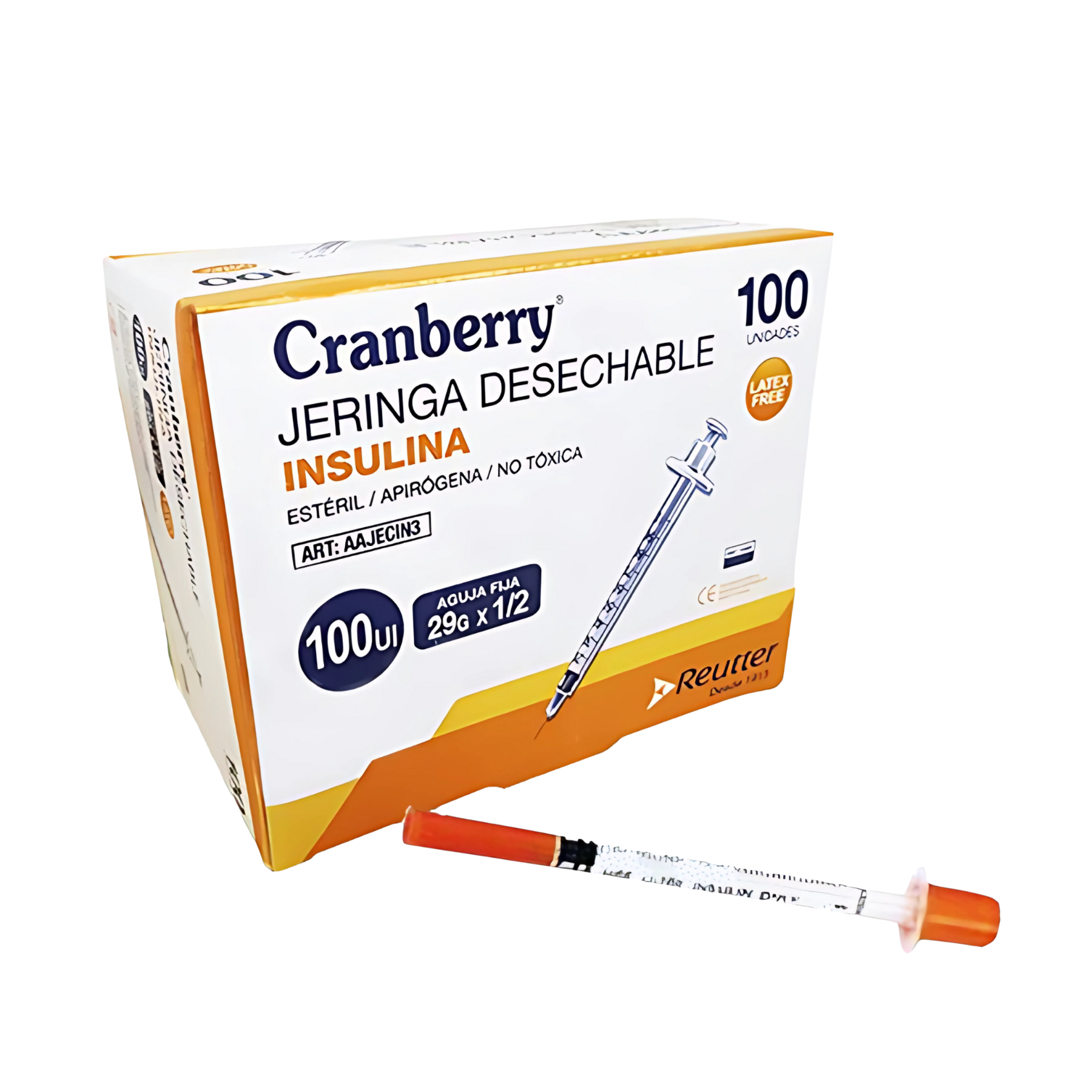 Jeringa 1ml/100UI Insulina con Aguja 29G x 1/2 Cranberry Desechable Estéril Caja 100 Unidades