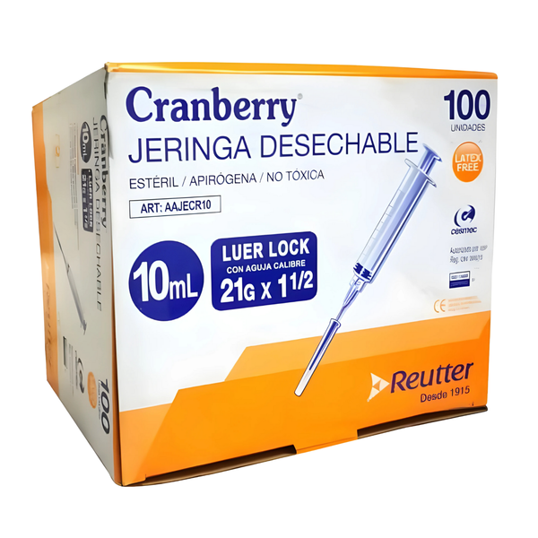 Jeringa Desechable Luer Lock 10ml Cranberry Aguja 21G x 1 1/2 Caja 100 Unidades Uso Médico