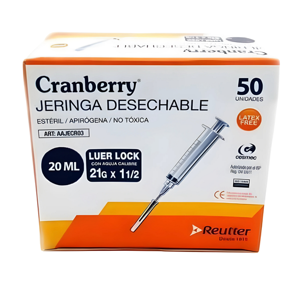Jeringa Desechable Luer Lock 20 ml Cranberry Aguja 21G x 1 1/2 Caja 50 Unidades Uso Médico