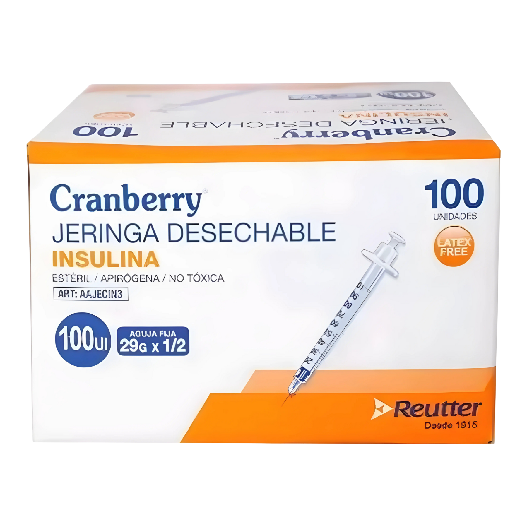 Jeringa 1ml/100UI Insulina con Aguja 29G x 1/2 Cranberry Desechable Estéril Caja 100 Unidades