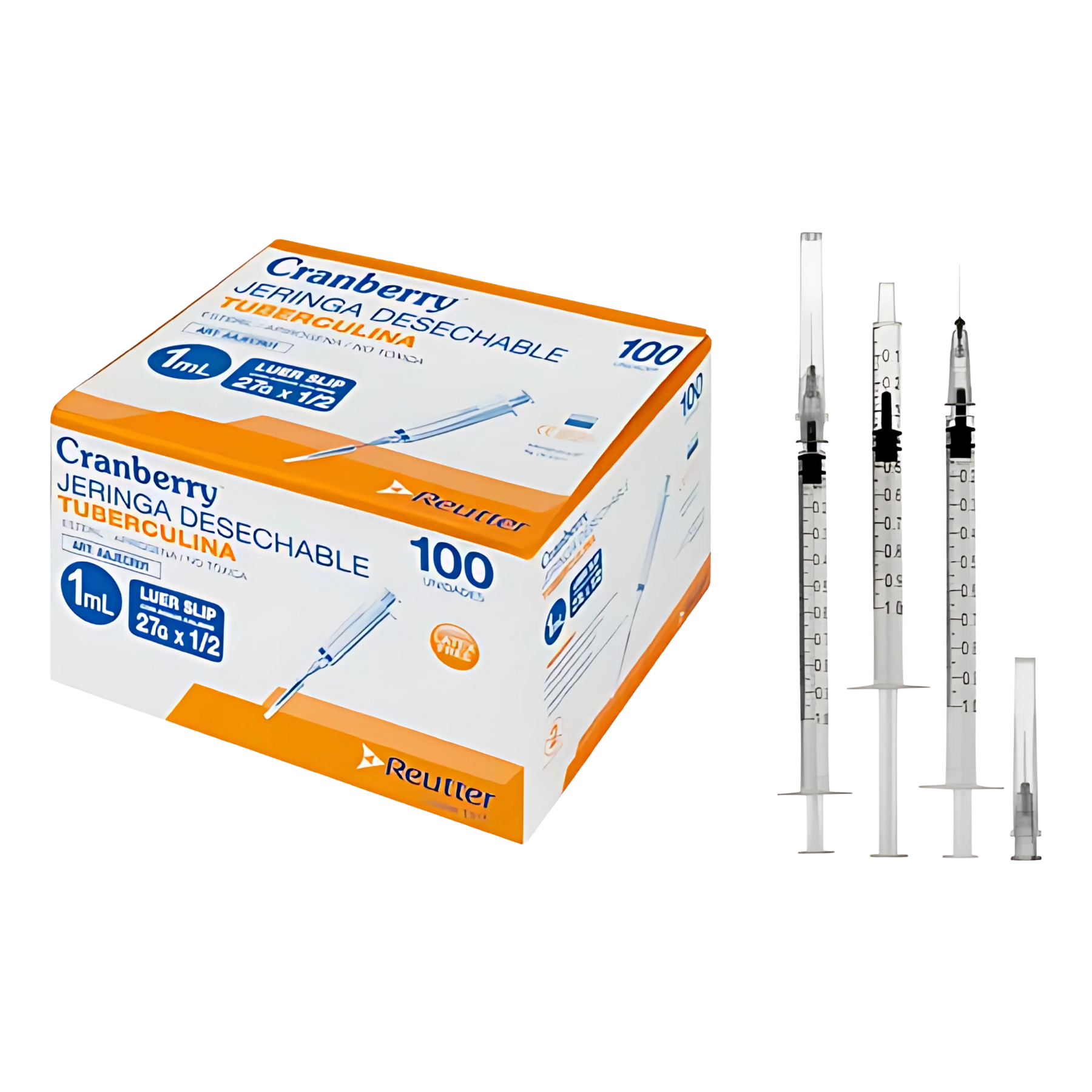 Jeringa 1ml Tuberculina con Aguja 27G x 1/2 Cranberry Desechable Estéril Caja 100 Unidades