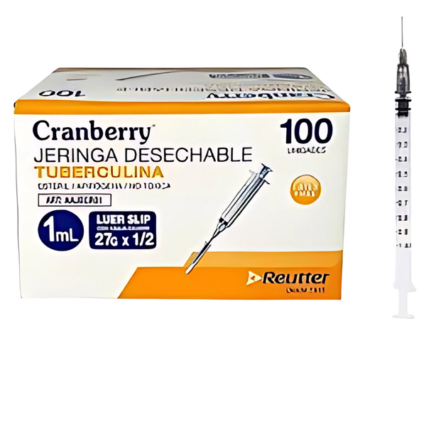 Jeringa 1ml Tuberculina con Aguja 27G x 1/2 Cranberry Desechable Estéril Caja 100 Unidades