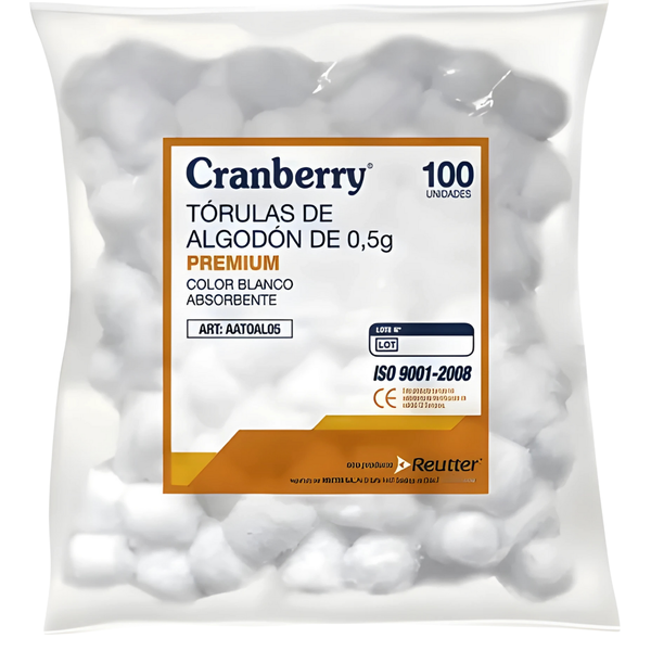 Torulas de Algodón 0.5g Cranberry Bolsa 100 Unidades Para Limpieza, Curaciones y Uso Médico