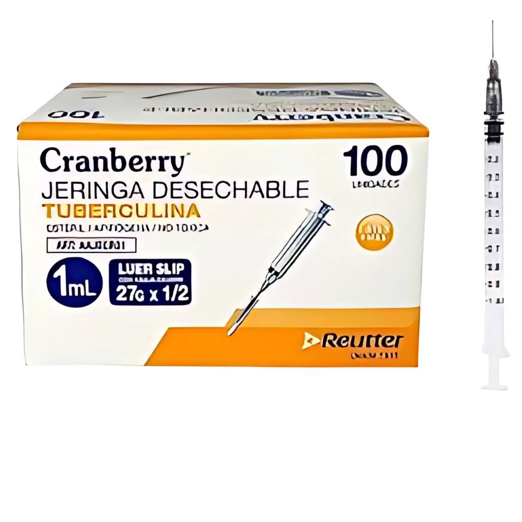 Jeringa 1ml Tuberculina con Aguja 27G x 1/2 Cranberry Desechable Estéril Caja 100 Unidades
